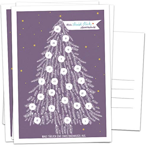 Adventskalender Karten Set - 5 Postkarten im geschmackvollen Design mit Baumkugeln zum Ausmalen, Mini Adventskalender als Weihnachtskarten Alternative für Advent & Weihnachtsgrüße, Lila Weiß Gelb von Eine der Guten