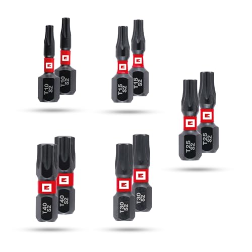 Original Einhell Impact-Bits, 25 mm, T10/T15/T25/T30/T40 (S2-Stahl, Torsionszone, effiziente Kraftübertragung, roter Farbring, C 6.3 Schaft) von Einhell