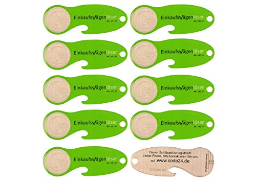 Einkaufswagenlöser ® Münze grün/Schlüsselanhänger Einkaufschip mit Schlüsselfundservice/Abziehbarer Einkaufswagenchip Metall, Chip Einkaufswagen, Key Finder / 10 Stück von Einkaufswagenlöser