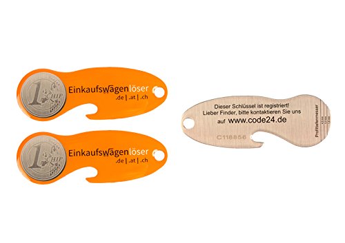 Einkaufswagenlöser ® Münze orange/Schlüsselanhänger Einkaufschip mit Schlüsselfundservice/Abziehbarer Einkaufswagenchip Metall, Chip Einkaufswagen, Key Finder/ 3 Stück von Einkaufswagenlöser