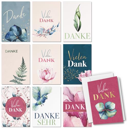 10 Dankeskarten Mix Danke Karte Set - Blumen Natur Modern Aquarell 1 - Klappkarten mit Briefumschlägen Dankeschön Danke sagen von Einladungskarten Manufaktur Hamburg