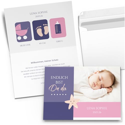 Einladungskarten Manufaktur Hamburg 10 Geburtskarten mit Foto PERSONALISIERT Seestern lila rosa Mädchen Babykarten Geburt individuell Dankeskarten mit Umschlägen von Einladungskarten Manufaktur Hamburg