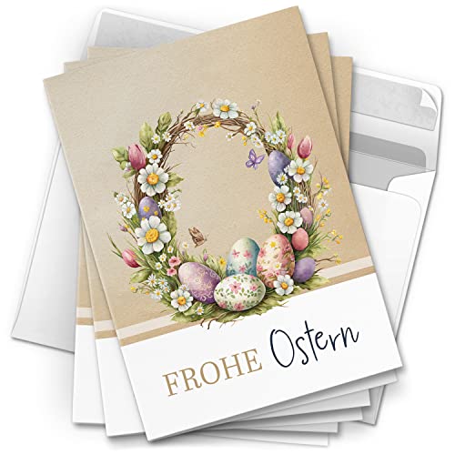 10 Osterkarten Grußkarten Set zu Ostern - Motiv Blumenkranz Ostereier Frohe Ostern - moderne Vintage Oster Grußkarten Klappkarten mit Umschlag von Einladungskarten Manufaktur Hamburg