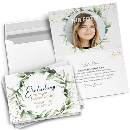 10 PERSONALISIERTE Jugendweihe Einladungskarten mit eigenem Text und Foto - Moderner Kranz - Einladungen mit Umschlägen 10 PERSONALISIERTE Jugendweihe Einladungskarten mit eigenem Text und Foto - Moderner Kranz - Einladungen mit Umschlägen von Einladungskarten Manufaktur Hamburg