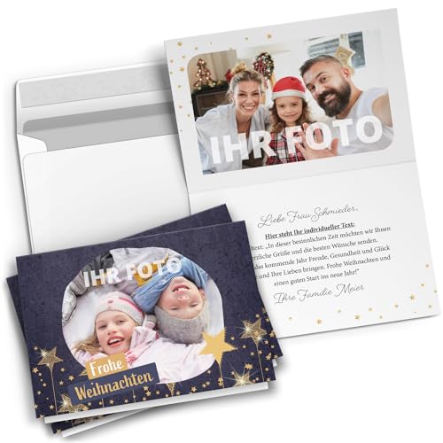 10 Personalisierte Weihnachtskarten mit Ihrem Text und Foto - Sterne auf Blau 2 - individueller Weihnachtsgruß edel Grußkarte Weihnachten Klappkarten mit Umschlägen von Einladungskarten Manufaktur Hamburg