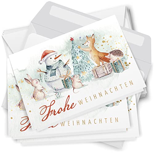 10 Weihnachtskarten Grußkarten zu Weihnachten - Klappkarten mit Umschlägen - Frohe Weihnachten niedliche Tiere Schneemann von Einladungskarten Manufaktur Hamburg