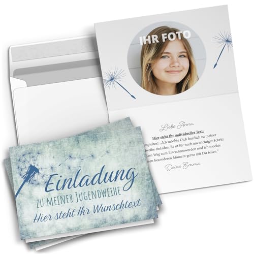 10 personalisierte Jugendweihe Einladungskarten mit eigenem Text und Foto - Pusteblume Blau Mädchen Junge Jungs - Einladungen mit Umschlägen 10 personalisierte Jugendweihe Einladungskarten mit eigenem Text und Foto - Pusteblume Blau Mädchen Junge Jungs - Einladungen mit Umschlägen von Einladungskarten Manufaktur Hamburg