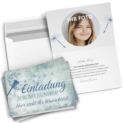 10 personalisierte Jugendweihe Einladungskarten mit eigenem Text und Foto - Pusteblume Blau Mädchen Junge Jungs - Einladungen mit Umschlägen von Einladungskarten Manufaktur Hamburg