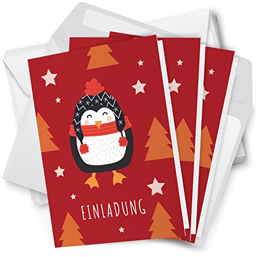 10 x Einladungskarten Klappkarten Weihnachten mit Umschlag zur Weihnachtsfeier Motiv Pinguin mit Schal rot von Einladungskarten Manufaktur Hamburg