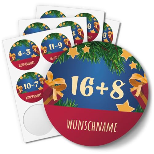 24 PERSONALISIERTE Adventskalender Etiketten mit Ihrem Wunsch-Namen und 1-24 Zahlen Mathe Aufgaben rechnen blau rot 4cm niedlich Geschwister Bruder Schwester Name individuell von Einladungskarten Manufaktur Hamburg