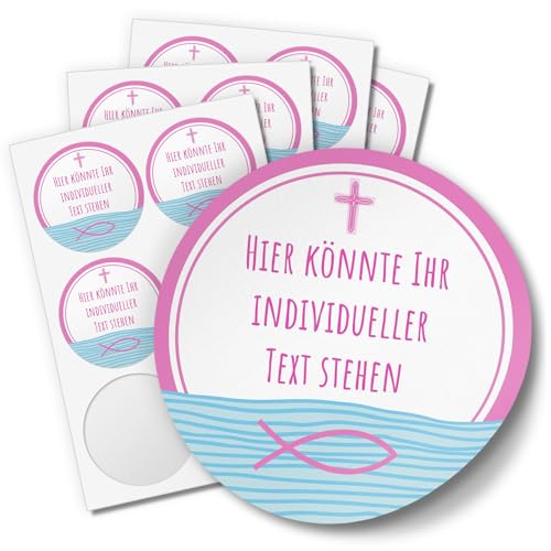 24 PERSONALISIERTE runde Etiketten SELBER GESTALTEN mit Ihrem Text: Rosa Fisch Kreuz - Personalisierte Aufkleber für Taufe, Konfirmation, Kommunion, Ostern, Weihnachten von Einladungskarten Manufaktur Hamburg