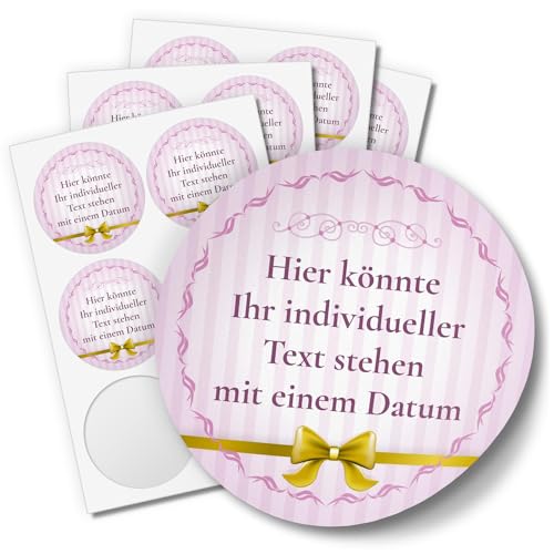 24 PERSONALISIERTE runde Etiketten mit Motiv: Rosa gestreift mit Schleife gold - Ihre Aufkleber online selbst gestaltet, ganz individuell von Einladungskarten Manufaktur Hamburg