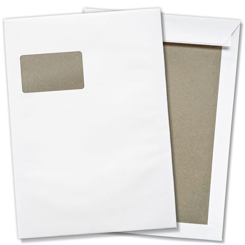 25 x Briefumschläge mit Fenster DIN C4 mit Papprückwand (229 x 320 mm), gerade Klappe, selbstklebend, weiß, 120 g/qm Bewerbung Unterlagen geschäftlich von Einladungskarten Manufaktur Hamburg