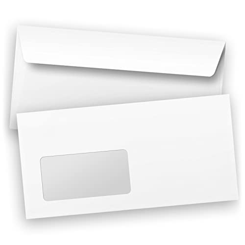 250 x Briefumschläge DIN LANG (220 x 110 mm), gerade Klappe, selbstklebend MIT Fenster, Business weiß, 80 g/qm von Einladungskarten Manufaktur Hamburg