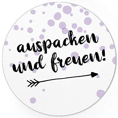 48 moderne Design Etiketten, rund/Auspacken Freuen Lila/Freude schenken/Herzen/Geschenk-Aufkleber/Sticker/für Firmen/Aufkleber von Einladungskarten Manufaktur Hamburg