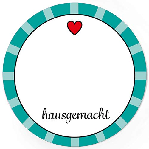 48 runde Design Etiketten - Hausgemacht mit Herz - türkis - Aufkleber für Marmeladengläser, Flaschen, Beschriftungen mit Platz für Ihren Text von Einladungskarten Manufaktur Hamburg