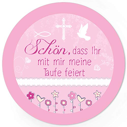 48 runde Design Etiketten - Schön, dass Ihr mit mir meine Taufe feiert - Rosa Symbole/Thema getauft/Aufkleber für die Feier und Gäste als Dankeschön von Einladungskarten Manufaktur Hamburg