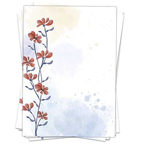50 Blatt Briefpapier (A4) | Asien Aquarell Rote Blume | Motivpapier | edles Design Papier | beidseitig bedruckt | Bastelpapier | 90 g/m² von Einladungskarten Manufaktur Hamburg