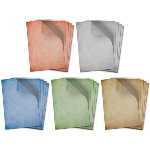 50 Blatt Briefpapier (A4) | Bunter Vintage Mix (5 Farben) | Motivpapier Set | edles Design Papier | beidseitig bedruckt | Bastelpapier | 90 g/m² von Einladungskarten Manufaktur Hamburg