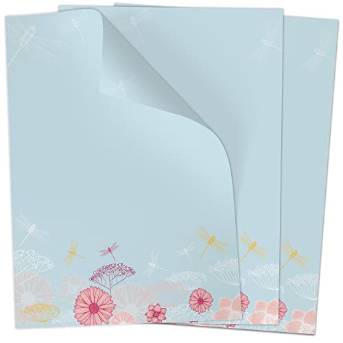 50 Blatt Briefpapier (A4) | Hellblau mit Blumen und Libellen Muster | Motivpapier | edles Design Papier | beidseitig bedruckt | Bastelpapier | 90 g/m² von Einladungskarten Manufaktur Hamburg