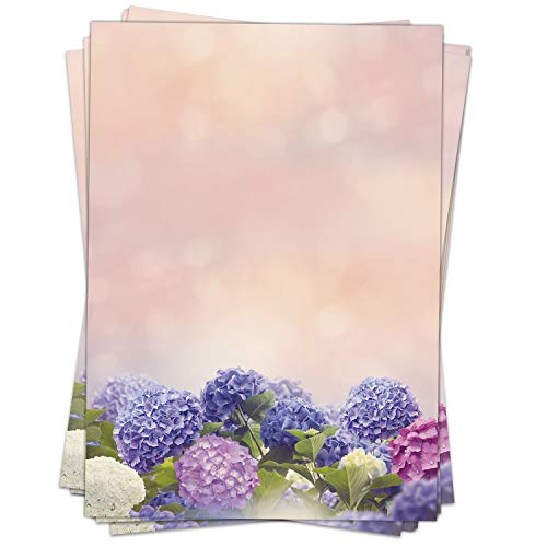50 Blatt Briefpapier (A4) | Hortensien Blumen blau rosa | Motivpapier | edles Design Papier | beidseitig bedruckt | Bastelpapier | 90 g/m² von Einladungskarten Manufaktur Hamburg