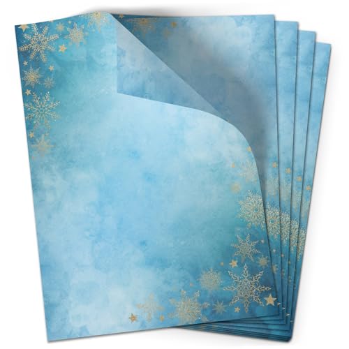 50 Blatt Briefpapier (A4) | Winter Blue Aquarell Goldlook Sterne | Weihnachten Weihnachtspapier | edles Design Papier | beidseitig bedruckt | Bastelpapier | 90 g/m² von Einladungskarten Manufaktur Hamburg