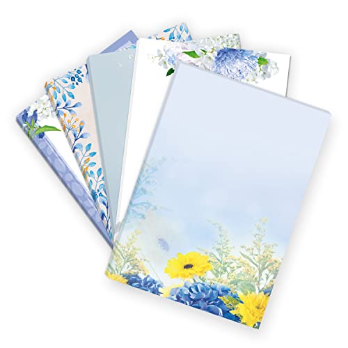 50 Blatt Briefpapier 5x10 MIX | Blumen Mix Blau - 5 Motive | Motivpapier A4 | edles Design Papier | beidseitig bedruckt | Set | 90 g/m² von Einladungskarten Manufaktur Hamburg