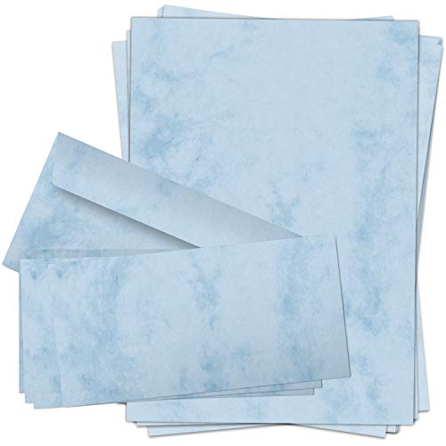 50 Briefpapiere und Briefumschläge SET | Marmor Blau | Papier und Umschlag mit Design-Motiv bedruckt | 90 g/m² von Einladungskarten Manufaktur Hamburg