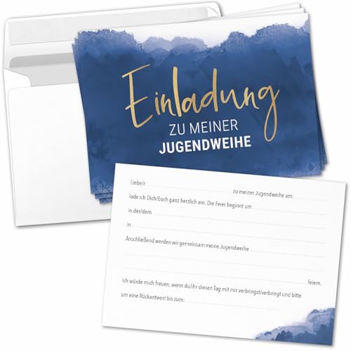 8 Einladungskarten Einladung Jugendweihe mit Umschlag zum selber ausfüllen - Jugendfeier Einladungen Postkarten Umschläge modern aqarell blau 8 Einladungskarten Einladung Jugendweihe mit Umschlag zum selber ausfüllen - Jugendfeier Einladungen Postkarten Umschläge modern aqarell blau von Einladungskarten Manufaktur Hamburg