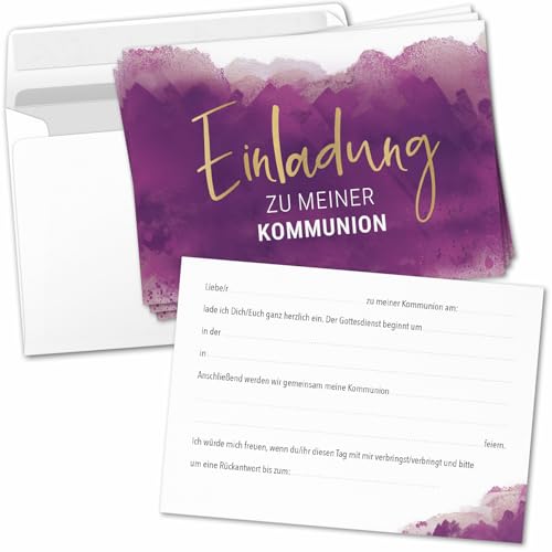 8 Einladungskarten Einladung Kommunion mit Umschlag zum selber ausfüllen - Heilige Kommunion Einladungen Postkarten Umschläge Lila Modern Aquarell von Einladungskarten Manufaktur Hamburg