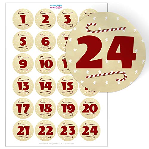 Adventskalender-Zahlen Aufkleber 1 bis 24 / Große Zahlen Vintage/Etiketten/Sticker/Weihnachtskalender/Advent/Rund/DIY/zum Aufkleben von Einladungskarten Manufaktur Hamburg