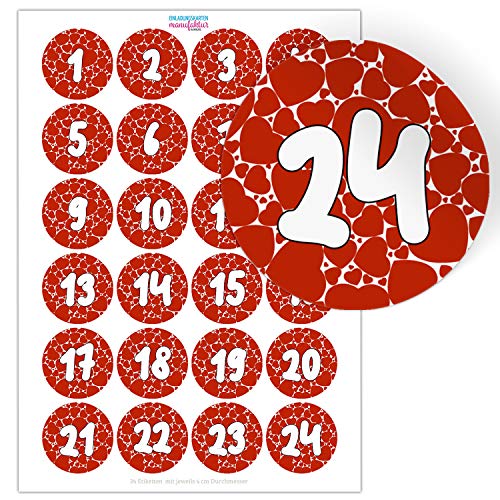 Adventskalender-Zahlen Aufkleber 1 bis 24 / Herzen rot mit großen Zahlen/Etiketten/Sticker/Weihnachtskalender/Advent/Rund/DIY/zum Aufkleben von Einladungskarten Manufaktur Hamburg