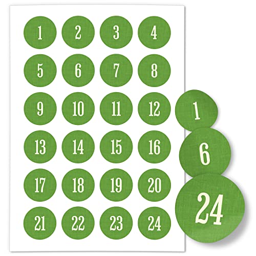 Adventskalender-Zahlen Aufkleber 1 bis 24 / Schlicht auf Grün/Etiketten/Sticker/Weihnachtskalender/Advent/Rund/DIY/zum Aufkleben von Einladungskarten Manufaktur Hamburg