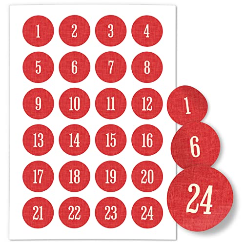 Adventskalender-Zahlen Aufkleber 1 bis 24 / Schlicht auf Rot/Etiketten/Sticker/Weihnachtskalender/Advent/Rund/DIY/zum Aufkleben von Einladungskarten Manufaktur Hamburg
