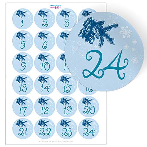 Adventskalender-Zahlen Aufkleber 1 bis 24 / blau mit Zweigen/Etiketten/Sticker/Weihnachtskalender/Advent/Rund/DIY/zum Aufkleben von Einladungskarten Manufaktur Hamburg