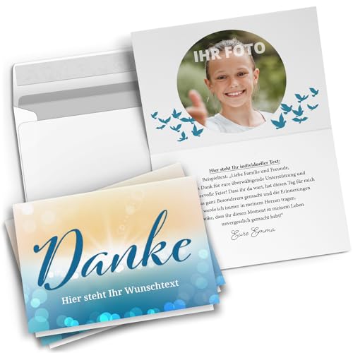 Einladungskarten Manufaktur Hamburg 10 PERSONALISIERTE Dankeskarten mit Text und Foto - Danke Modern Gelb Blau - Dankeskarte Kommunion Konfirmation Taufe Hochzeit kirchlich mit Umschlägen von Einladungskarten Manufaktur Hamburg
