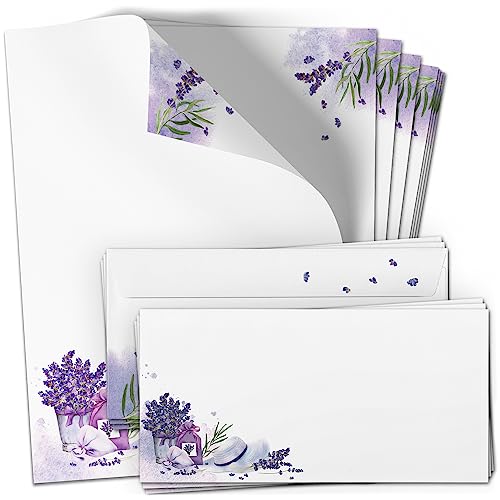 50 Briefpapier und Briefumschlag SET | Lavendel Lila Frankreich | Papier und Umschlag mit Design-Motiv bedruckt | 90 g/m² von Einladungskarten Manufaktur Hamburg