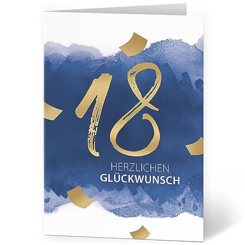 XXL Glückwunschkarte zum 18. Geburtstag (A4) Herzlichen Glückwunsch Aquarell blau - hochwertige Klappkarte | Große Design Maxi Karte Grußkarte Volljährig Geburtstagskarte mit Umschlag von Einladungskarten Manufaktur Hamburg
