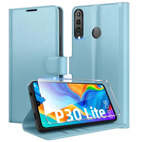 Eirltiy Handyhülle für Huawei P30 Lite Hülle + 1 Schutzfolie, [Premium PU Leder Klapphülle] [Kartenfach, Wallet, Standfunktion], Magnet Flip Schutzhülle Case für Huawei P30 Lite, Blau von Eirltiy