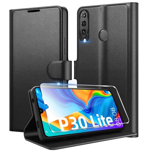 Eirltiy Handyhülle für Huawei P30 Lite Hülle + 1 Schutzfolie, [Premium PU Leder Klapphülle] [Kartenfach, Wallet, Standfunktion], Magnet Flip Schutzhülle Case für Huawei P30 Lite, Schwarz von Eirltiy
