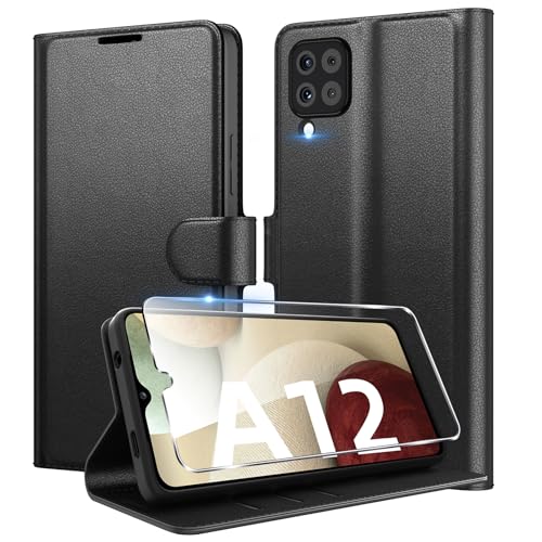 Eirltiy Handyhülle für Samsung Galaxy A12 /M12 Hülle + 1 Schutzfolie, [Premium PU Leder Klapphülle] [Kartenfach, Wallet, Standfunktion], Magnet Flip Schutzhülle Case für Samsung A12, Schwarz von Eirltiy
