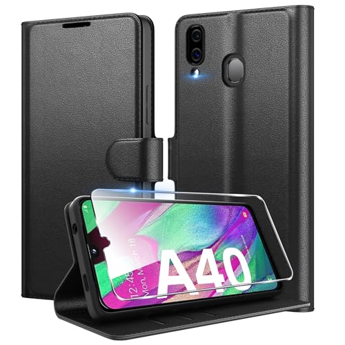Eirltiy Handyhülle für Samsung Galaxy A40 Hülle + 1 Schutzfolie, [Premium PU Leder Klapphülle] [Kartenfach, Wallet, Standfunktion], Magnet Flip Schutzhülle Case für Samsung A40, Schwarz von Eirltiy