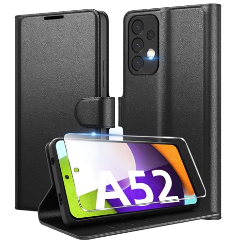 Eirltiy Handyhülle für Samsung Galaxy A52 (5G/4G) / A52s 5G Hülle + 1 Schutzfolie,[Premium PU Leder Klapphülle] [Kartenfach,Wallet,Standfunktion],Magnet Flip Schutzhülle Case für Samsung A52, Schwarz von Eirltiy