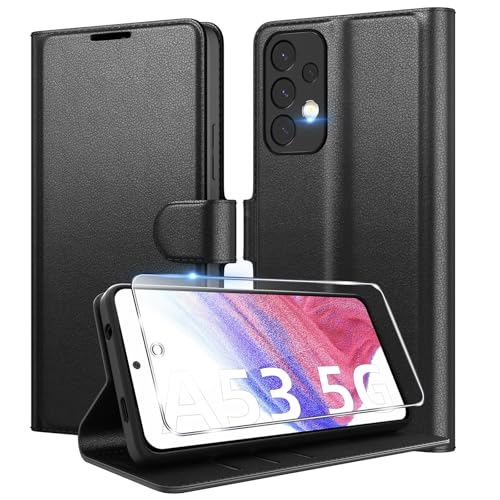 Eirltiy Handyhülle für Samsung Galaxy A53 5G Hülle + 1 Schutzfolie, [Premium PU Leder Klapphülle] [Kartenfach, Wallet, Standfunktion], Magnet Flip Schutzhülle Case für Samsung A53, Schwarz von Eirltiy