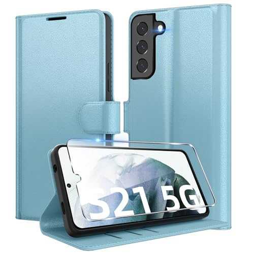 Eirltiy Handyhülle für Samsung Galaxy S21 5G Hülle + 1 Schutzfolie, [Premium PU Leder Klapphülle] [Kartenfach, Wallet, Standfunktion], Magnet Flip Schutzhülle Case für Samsung S21, Blau von Eirltiy
