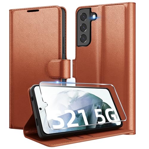 Eirltiy Handyhülle für Samsung Galaxy S21 5G Hülle + 1 Schutzfolie, [Premium PU Leder Klapphülle] [Kartenfach, Wallet, Standfunktion], Magnet Flip Schutzhülle Case für Samsung S21, Braun von Eirltiy