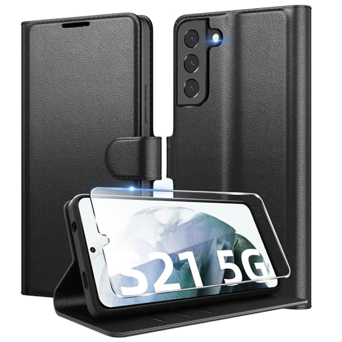 Eirltiy Handyhülle für Samsung Galaxy S21 5G Hülle + 1 Schutzfolie, [Premium PU Leder Klapphülle] [Kartenfach, Wallet, Standfunktion], Magnet Flip Schutzhülle Case für Samsung S21, Schwarz von Eirltiy