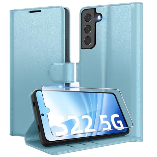 Eirltiy Handyhülle für Samsung Galaxy S22 5G Hülle + 1 Schutzfolie, [Premium PU Leder Klapphülle] [Kartenfach, Wallet, Standfunktion], Magnet Flip Schutzhülle Case für Samsung S22, Blau von Eirltiy