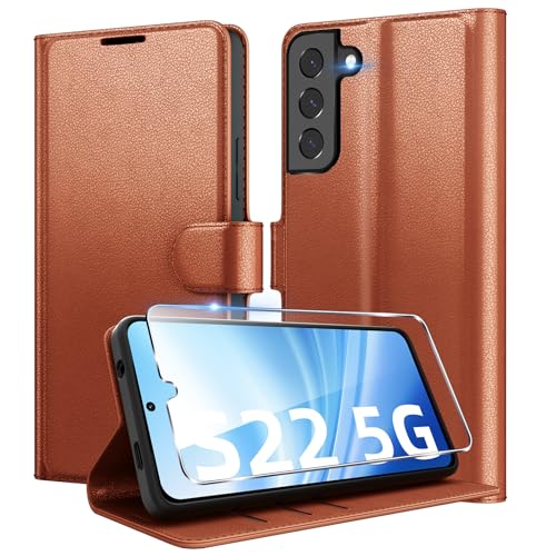 Eirltiy Handyhülle für Samsung Galaxy S22 5G Hülle + 1 Schutzfolie, [Premium PU Leder Klapphülle] [Kartenfach, Wallet, Standfunktion], Magnet Flip Schutzhülle Case für Samsung S22, Braun von Eirltiy