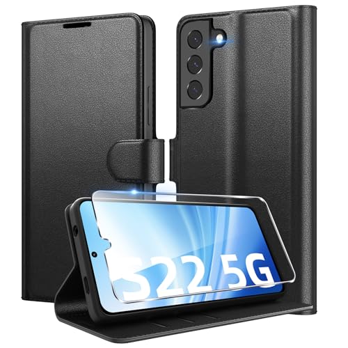 Eirltiy Handyhülle für Samsung Galaxy S22 5G Hülle + 1 Schutzfolie, [Premium PU Leder Klapphülle] [Kartenfach, Wallet, Standfunktion], Magnet Flip Schutzhülle Case für Samsung S22, Schwarz von Eirltiy